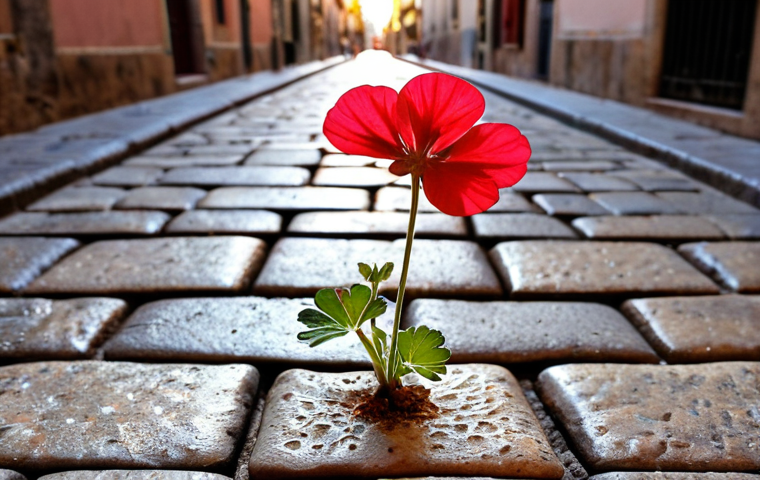 **
"Close-up photograph of worn cobblestones in a Madrid alleyway, highlighting the cracks and textures. A single vibrant flower, like a geranium, sprouts from a crack. Soft, golden hour lighting. Wabi-Sabi aesthetic."
**