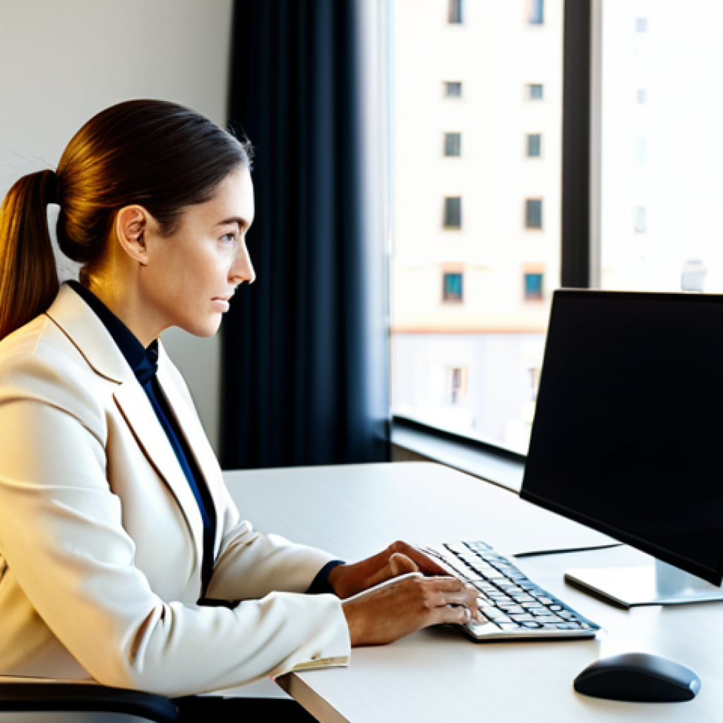 Modern Office Productivity**

"A professional businesswoman in a modest business suit, sitting at a desk in a modern office with large windows overlooking Madrid. She is using a computer with a productivity app displayed on the screen. Natural lighting, warm color palette, focus on workspace organization. Safe for work, appropriate content, fully clothed, perfect anatomy, natural proportions, professional."

**