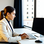 Modern Office Productivity**

"A professional businesswoman in a modest business suit, sitting at a desk in a modern office with large windows overlooking Madrid. She is using a computer with a productivity app displayed on the screen. Natural lighting, warm color palette, focus on workspace organization. Safe for work, appropriate content, fully clothed, perfect anatomy, natural proportions, professional."

**
