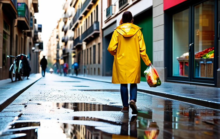 Urban Beauty**
"A sunlit street scene in Barcelona after a rain shower, reflecting colorful buildings in a large puddle. A woman in a modest raincoat walks by, carrying groceries. Soft, diffused light, shallow depth of field, focus on the reflections. Safe for work, appropriate content, fully clothed, professional photography, natural proportions, perfect anatomy, well-formed hands, proper finger count, family-friendly."
**