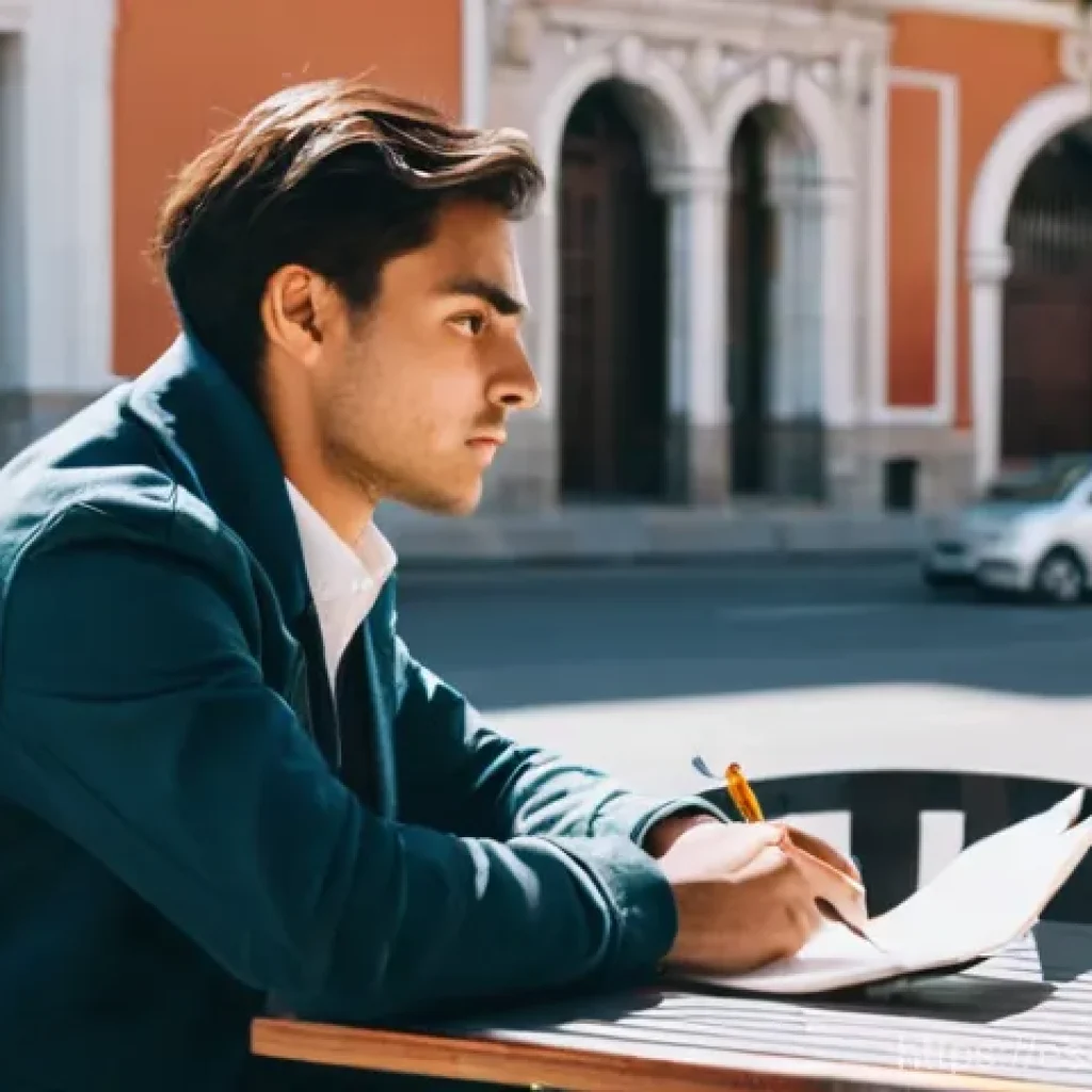 일상 관찰 기록의 중요성 - **Prompt:** A young man, mid-20s, with a focused yet serene expression, is seated at an outdoor cafe...