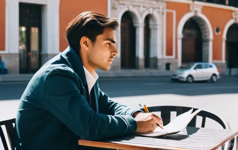 일상 관찰 기록의 중요성 - **Prompt:** A young man, mid-20s, with a focused yet serene expression, is seated at an outdoor cafe...