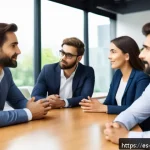Home 21 일상 관찰을 위한 팀워크 구축하기 - A diverse professional team in a modern office setting engaged in an open communication session. The...