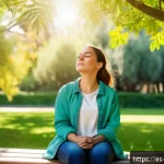 Home 20 일상 관찰을 통한 스트레스 관리 방법 - A serene outdoor scene in a sunny urban park in Spain during spring, featuring a young adult woman s...