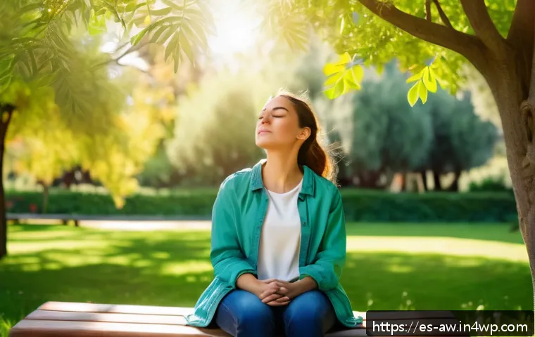 일상 관찰을 통한 스트레스 관리 방법 - A serene outdoor scene in a sunny urban park in Spain during spring, featuring a young adult woman s...