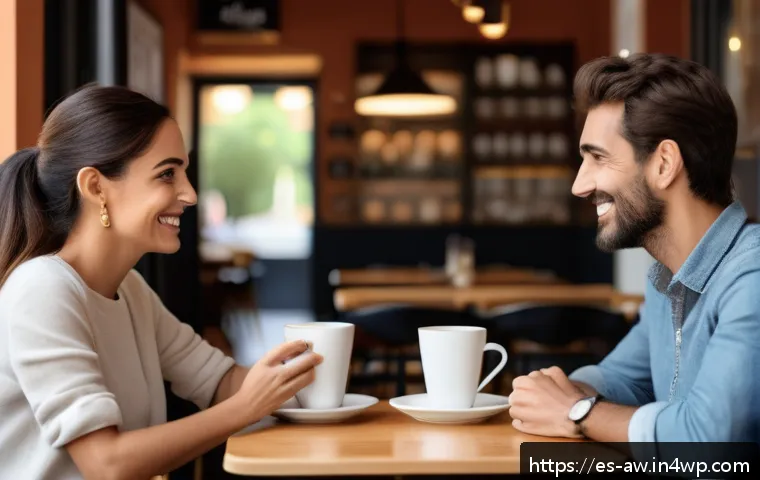 일상 관찰을 통한 관계 개선 전략 - A warm, candid scene in a modern Spanish café where two adults engage in deep conversation. One pers...