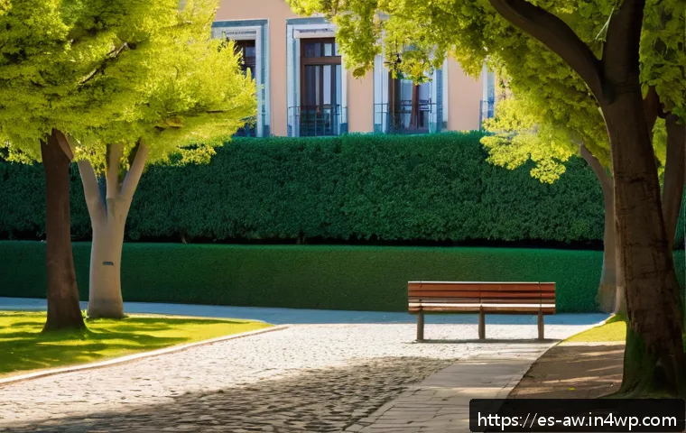 일상 관찰의 습관화 기법 - A serene urban park scene in a Spanish neighborhood during early morning light, featuring warm sun r...